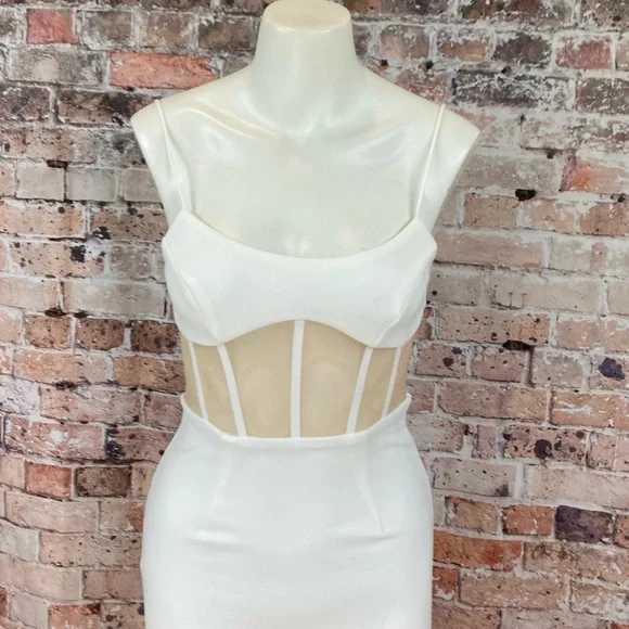 Angel Biba Corseted Mini Dress Blind Date Nude Mesh Bodycon White Sz Small - Picture 3 of 14